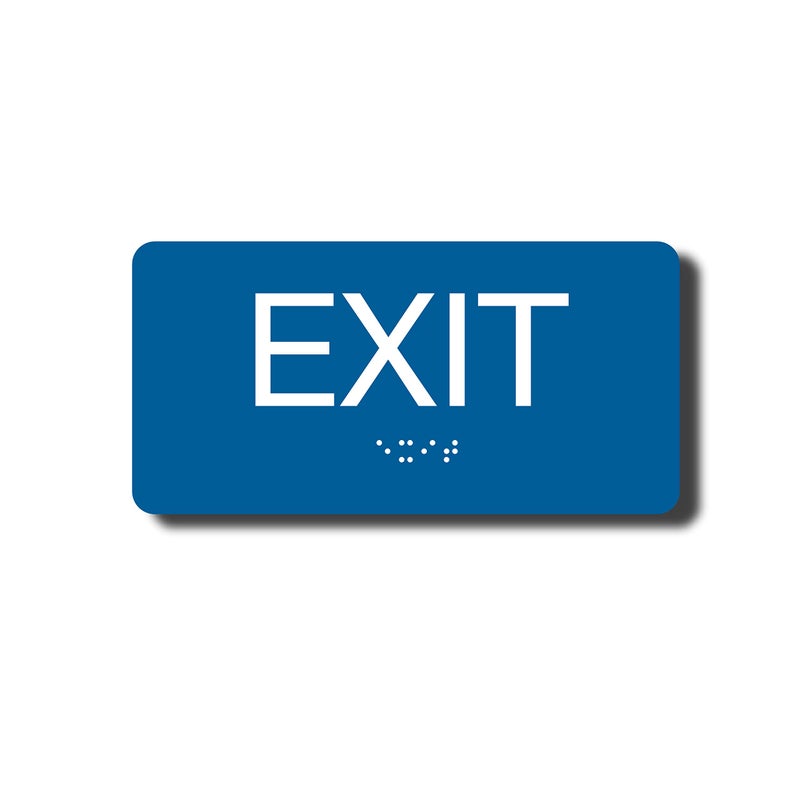 NapTags NAP TAGS ADA-compliant Exit Sign (6" x 3"). Features raised text and Braille on a blue background. Durable, easy to install, and perfect for any indoor facility. - Image 1